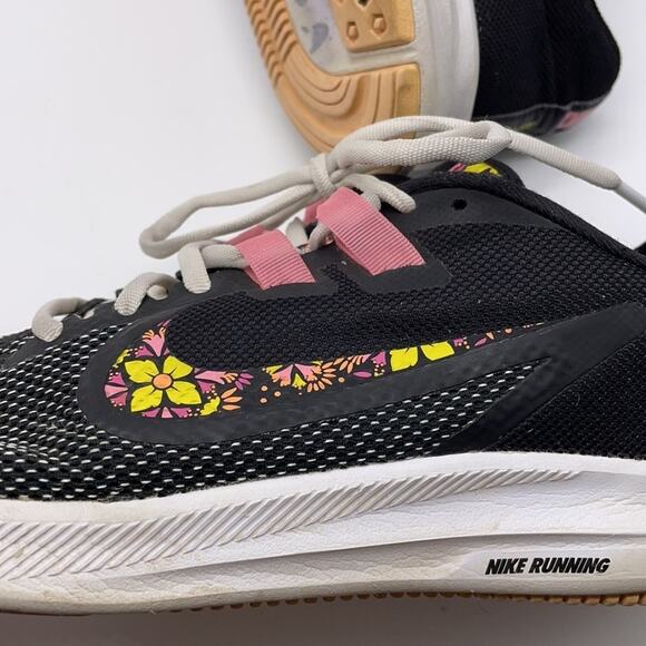 Nike Downshifter 9 Running Athletic Shoes Black Pink Yellow Floral Swoosh Size 9 - Picture 8 of 11